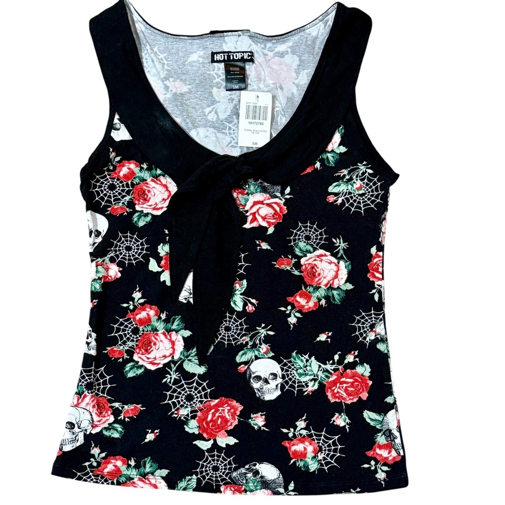Hot Topic Womens Sz-Small Skull Rose Tie Front Tank Top Black Red Retro Goth NEW